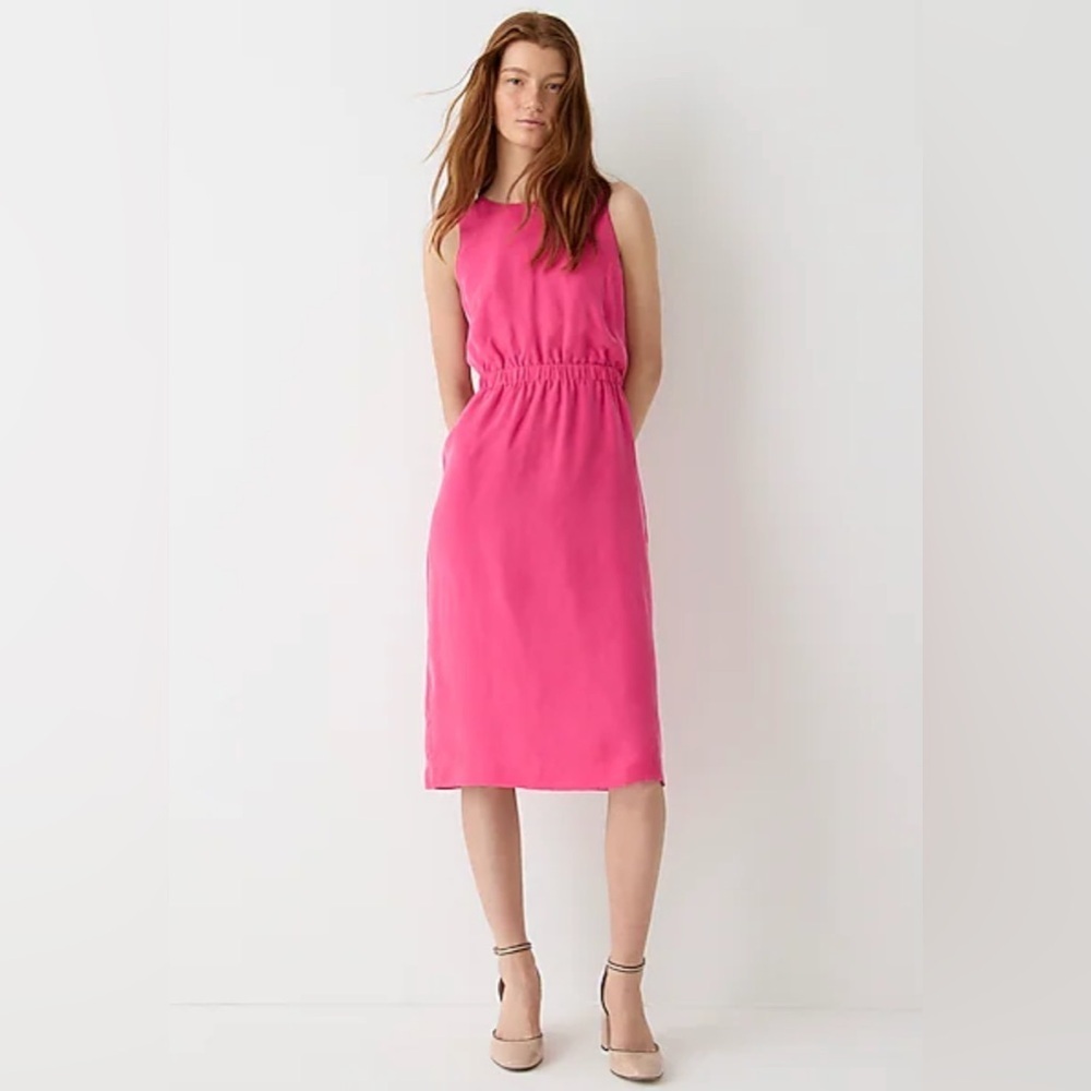 J Crew New Womens Size XXS Pink Cupro Sleeveless Cinched Waist Lined Midi Dress - Picture 1 of 13
